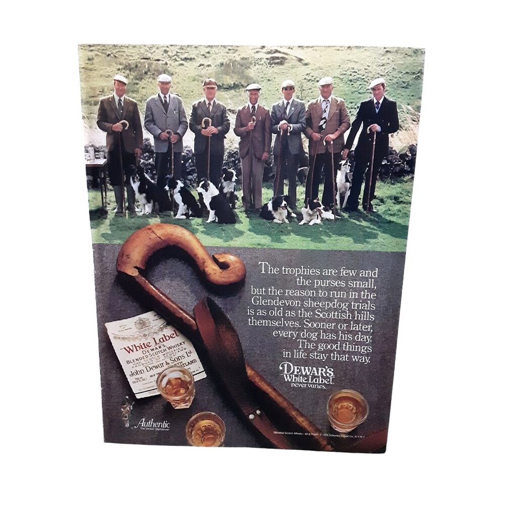 1984 Dewar's White Label Scotch Whisky Sheepdog Trials Vintage Print Ad